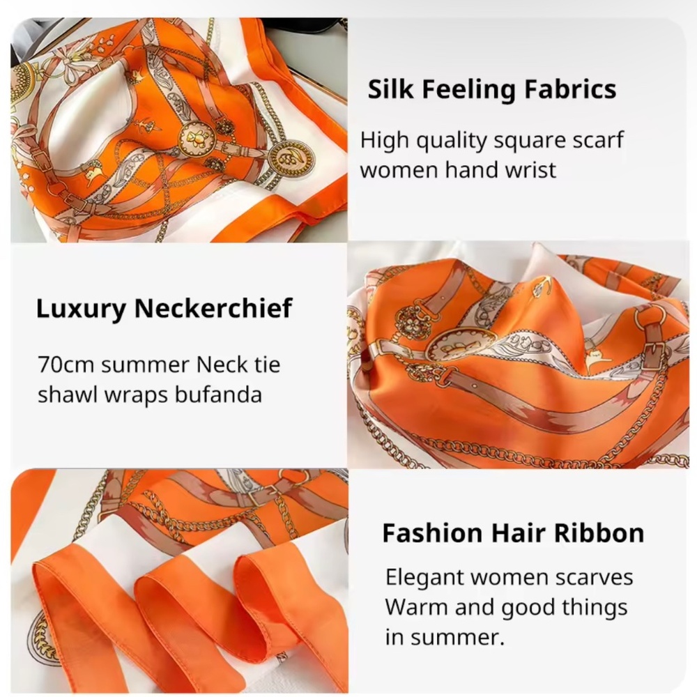 70cm Silk Feeling Square Scarf Women Satin Bandana Print Scarves Head Band NEW - Picture 5 of 6